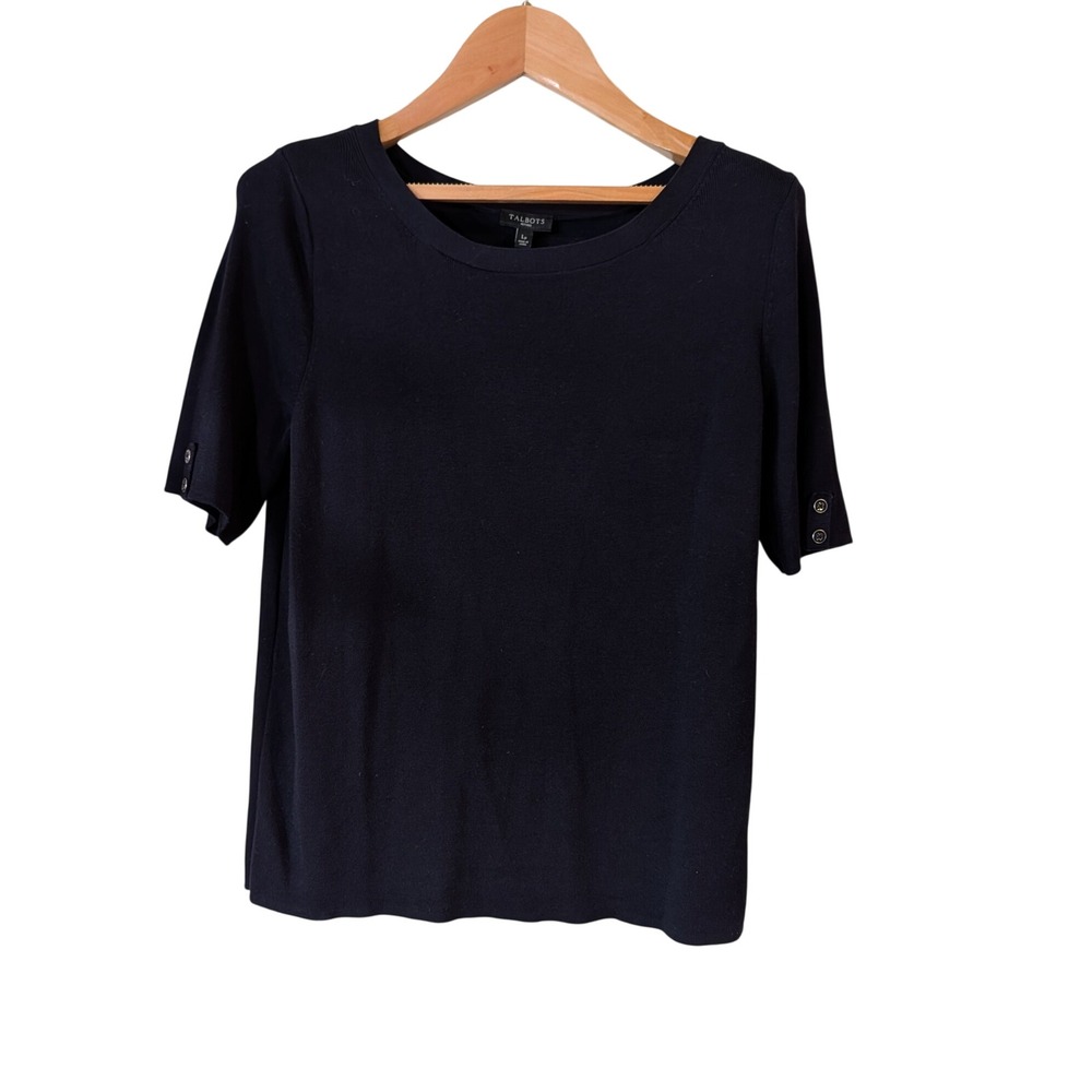 Talbots Petites Navy Blue Short Sleeve Button Cuff Sweater Top Size LP